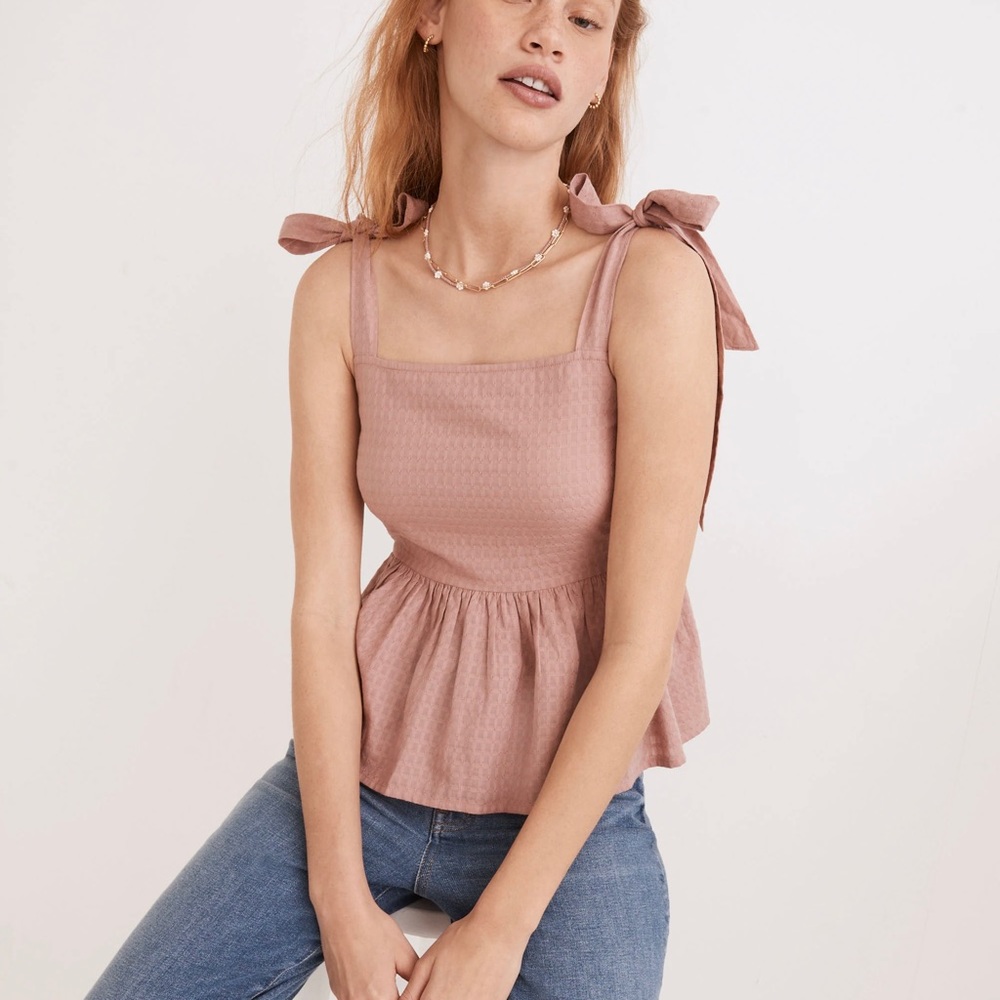 Madewell Pink Rosalie Tie-Strap Top in Textured Gingham